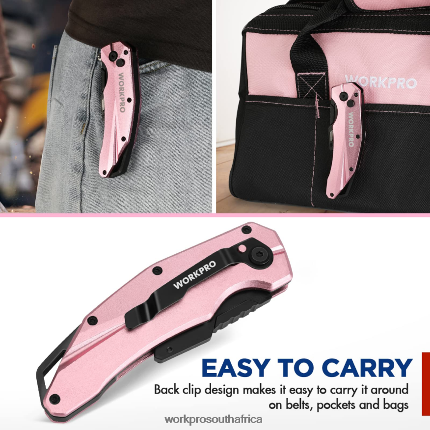 ZA WORKPRO Folding Aluminum Utility Knife, 10 Extra Blades Include Pink 4B8V2T54 Tool