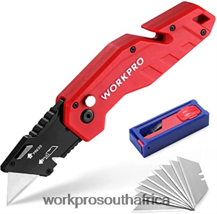 ZA WORKPRO Folding Utility Knife Lightweight Nylon Handle Utility Cutter with 10-piece Extra Blades Red/Blue/Black 4B8V2T38 Tool