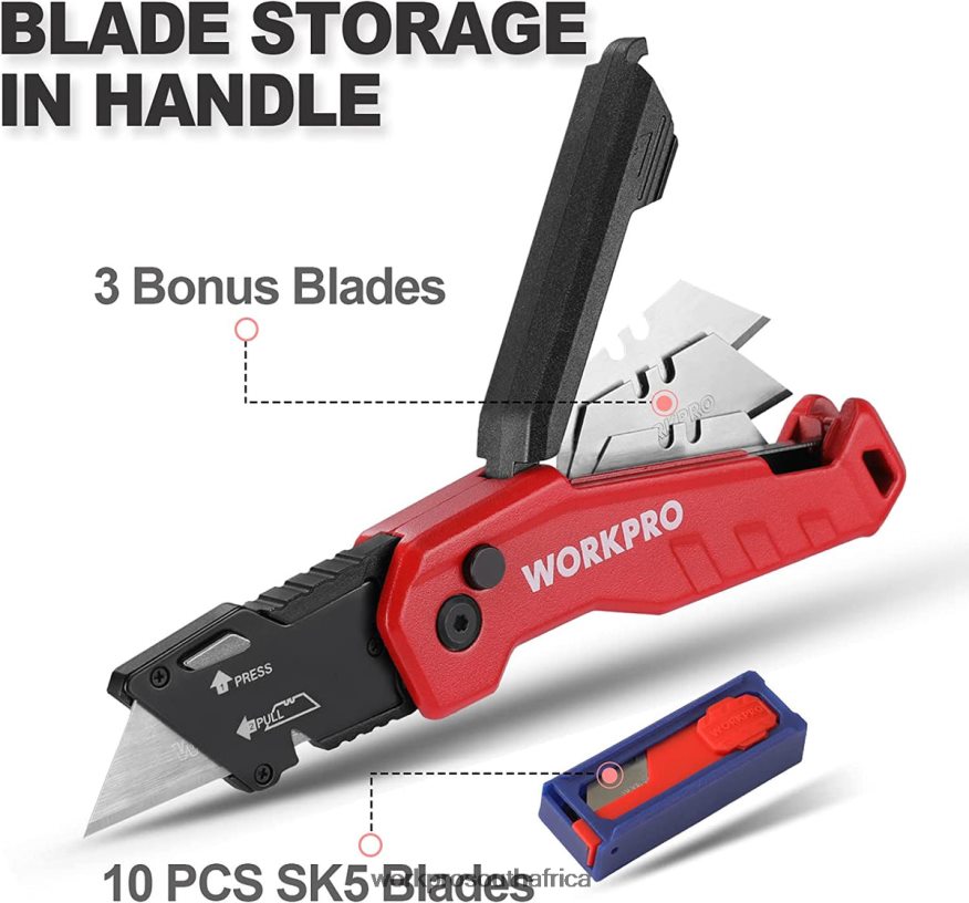 ZA WORKPRO Folding Utility Knife, Quick Change Box Cutte 13 Extra Blades Included Blue/Red/Pink 4B8V2T52 Tool