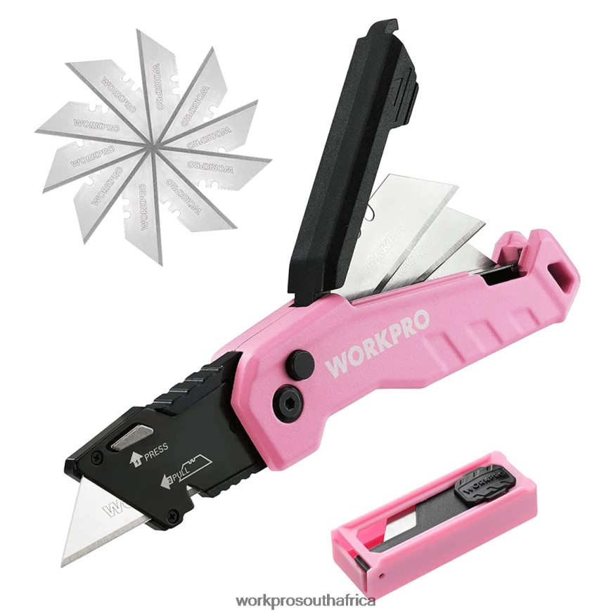 ZA WORKPRO Folding Utility Knife, Quick Change Box Cutte 13 Extra Blades Included Blue/Red/Pink 4B8V2T52 Tool