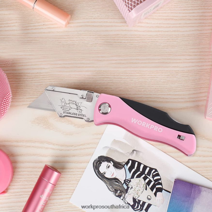 ZA WORKPRO Folding Utility Knife, Quick Change Box Cutter, Razor Knife Pink 4B8V2T36 Tool