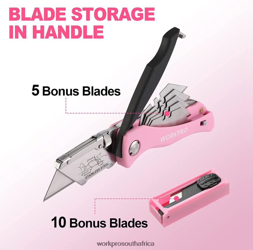ZA WORKPRO Folding Utility Knife, Quick Change Box Cutter, Razor Knife Pink 4B8V2T36 Tool