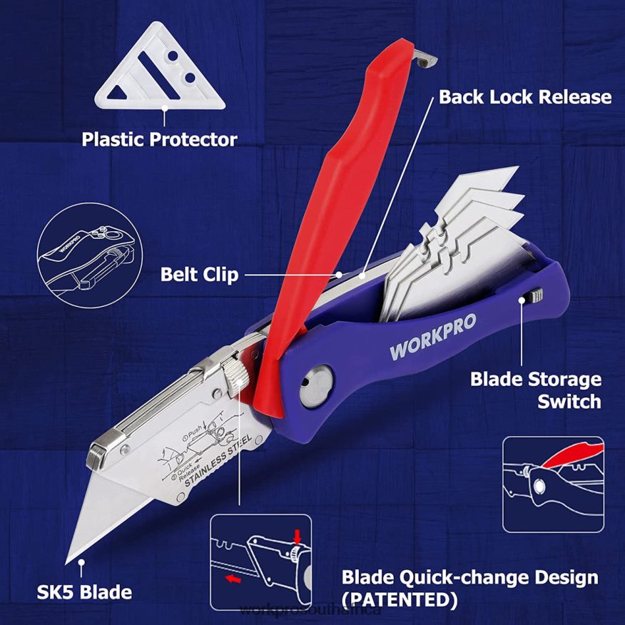ZA WORKPRO Folding Utility Knife with Back Lock Quick-change Box Cutter with Belt Clip Morden 4B8V2T46 Tool
