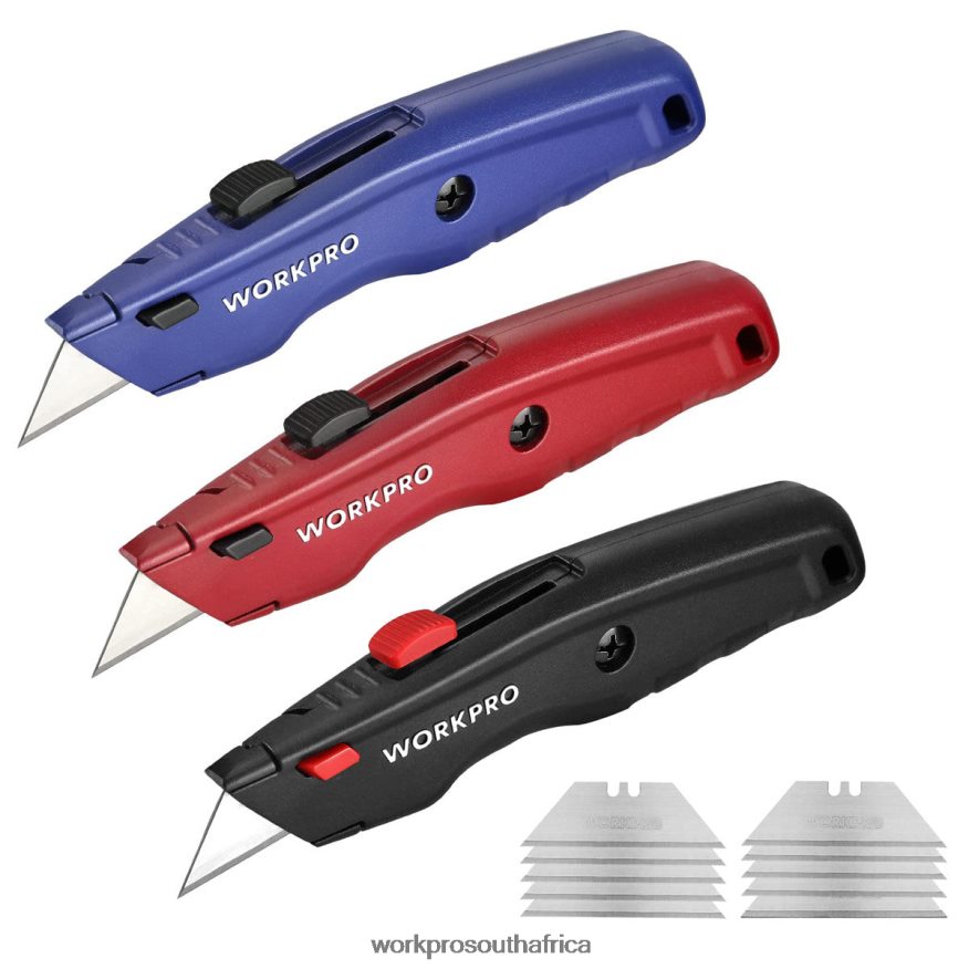 ZA WORKPRO Premium Utility Knife, Retractable All Metal Heavy Duty Box Cutter, Quick Change Blade Razor Knife, with 10 Extra Blades Black/Blue/Red 4B8V2T51 Tool