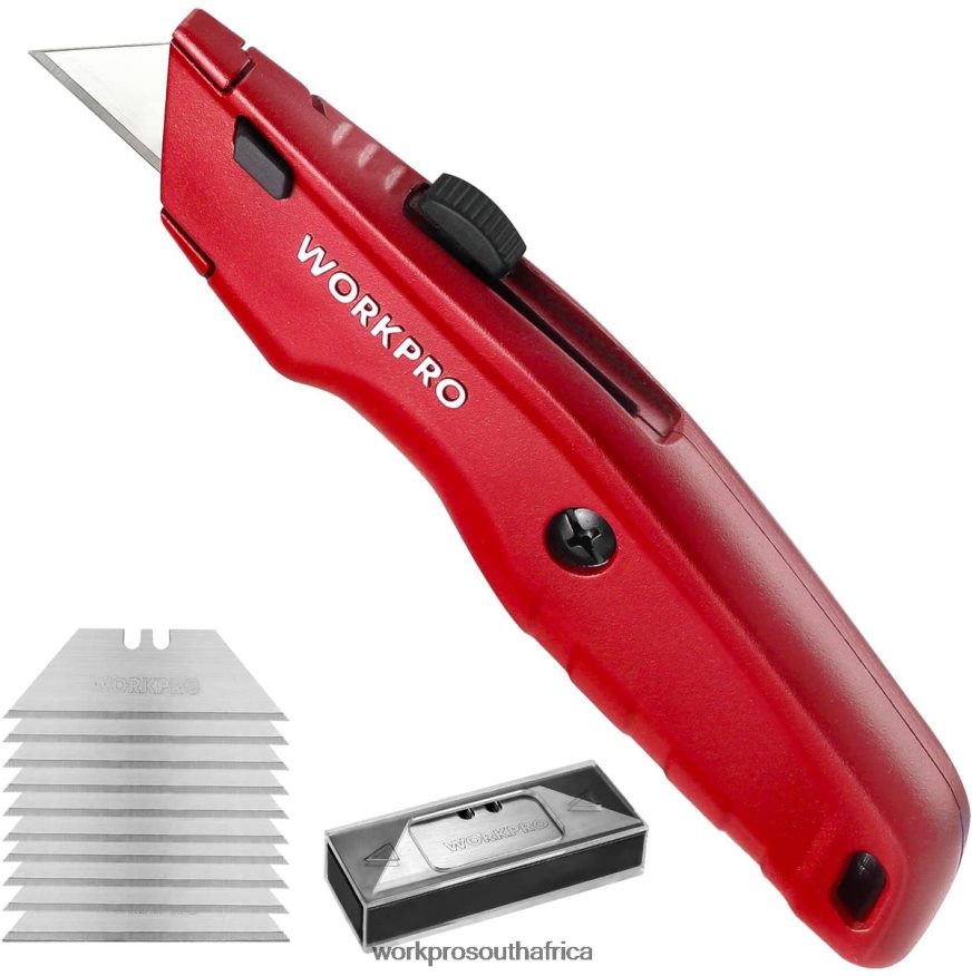 ZA WORKPRO Premium Utility Knife, Retractable All Metal Heavy Duty Box Cutter, Quick Change Blade Razor Knife, with 10 Extra Blades Black/Blue/Red 4B8V2T51 Tool