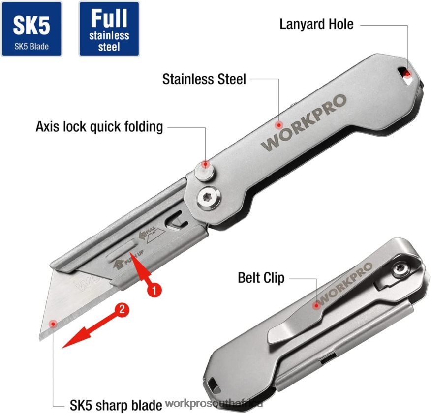 ZA WORKPRO Quick Change Folding Pocket Utility Knife Mini Stainless Steel Folding Knife with Belt Clip New 4B8V2T47 Tool