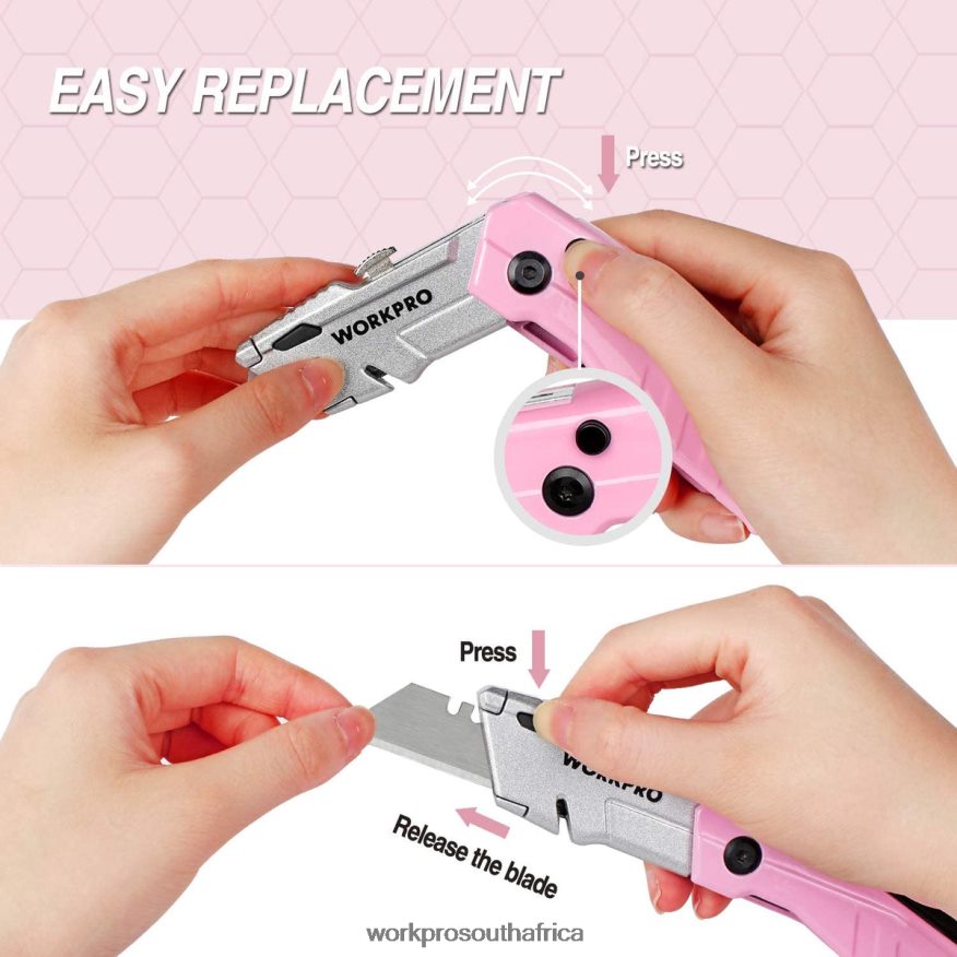 ZA WORKPRO Quick-Change Folding Utility Knife with12 Extra Blades Pink 4B8V2T37 Tool