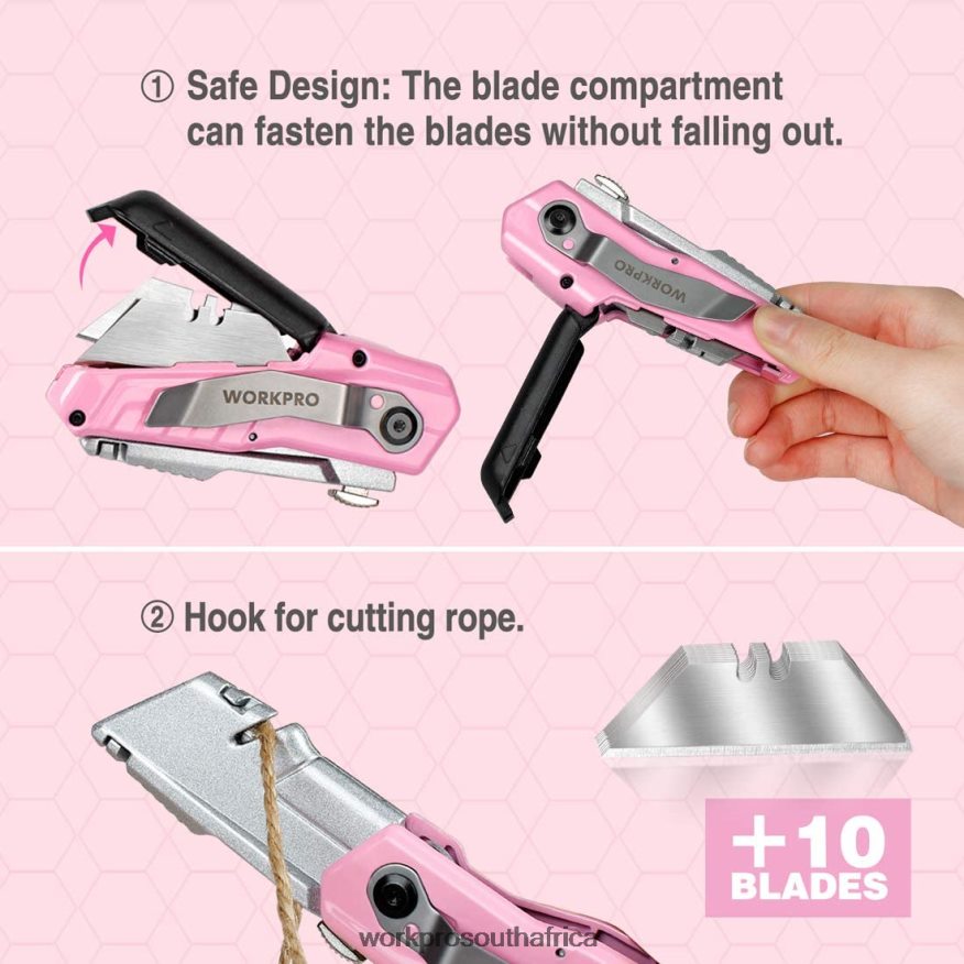ZA WORKPRO Quick-Change Folding Utility Knife with12 Extra Blades Pink 4B8V2T37 Tool