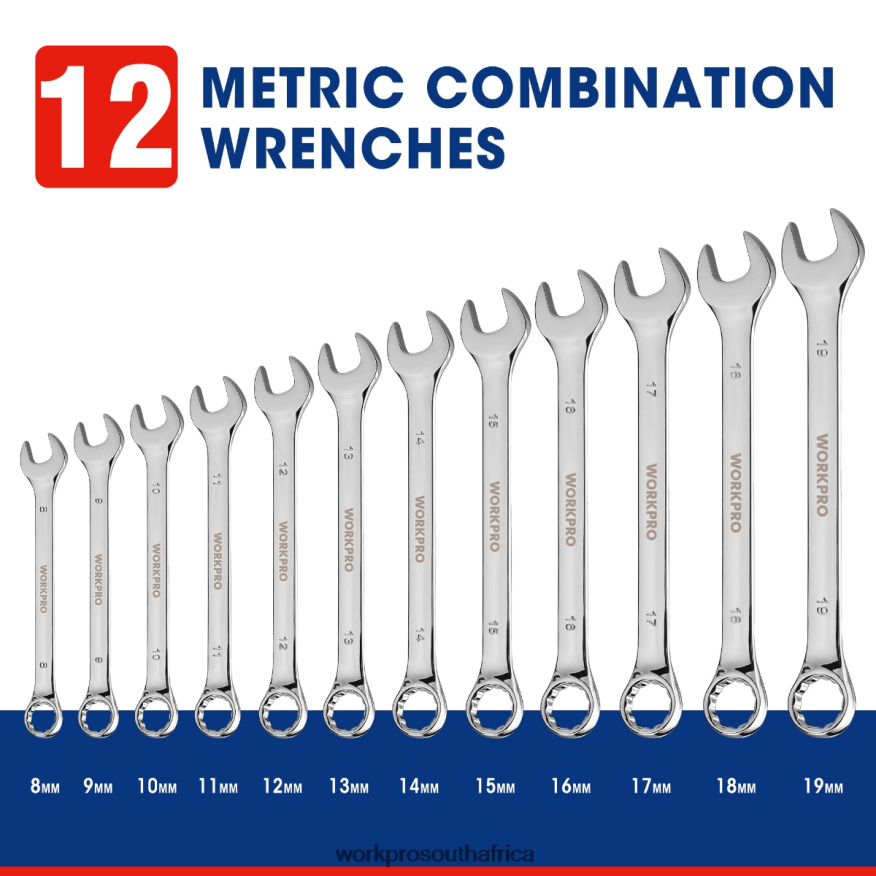 ZA WORKPRO 12 Pcs Metric 8-19mm, Premium Cr-V Combination Wrench Set New 4B8V2T95 Tool