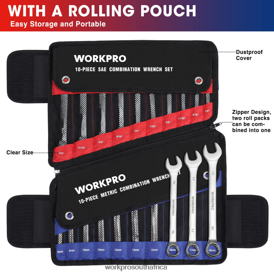 ZA WORKPRO 20 Pcs Metric & SAE Combination Cr-V 12-point Wrench Set Morden 4B8V2T93 Tool