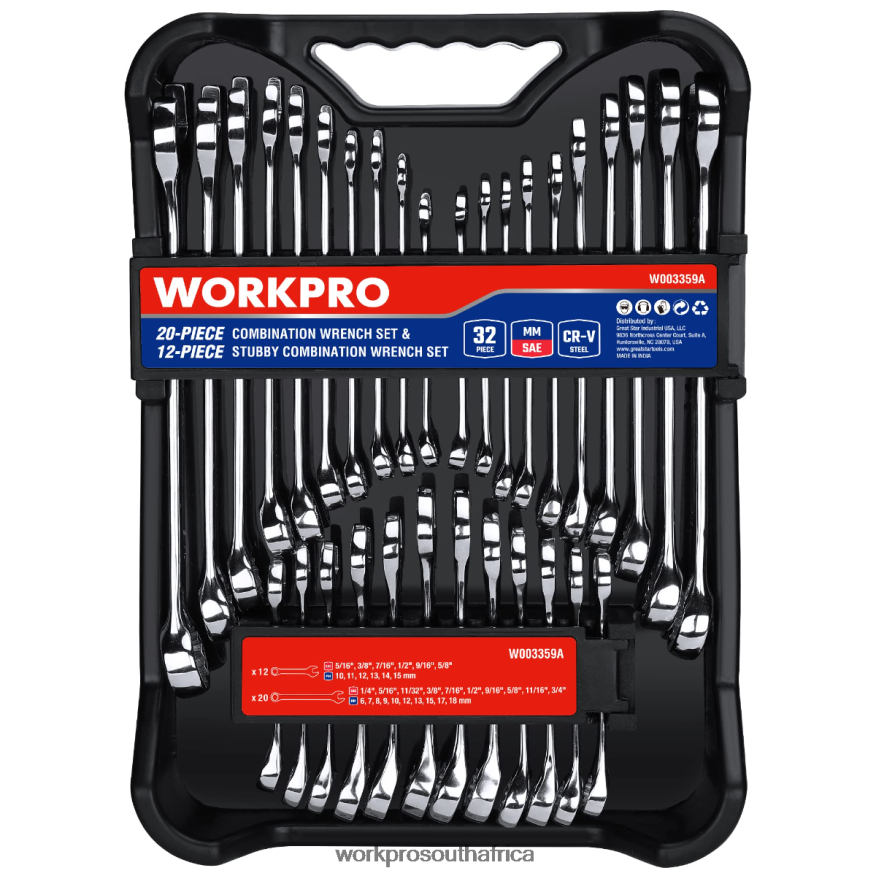 ZA WORKPRO 32 Pcs SAE & Metric Combination 12 PT Regular and Stubby Wrench Set Morden 4B8V2T92 Tool