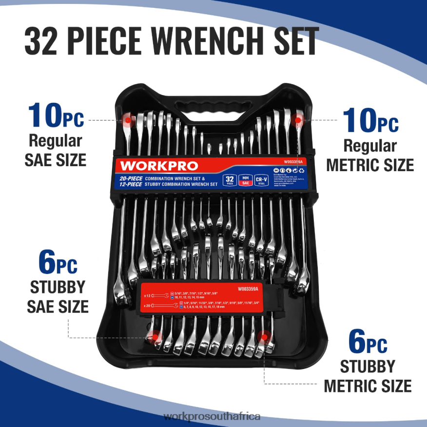 ZA WORKPRO 32 Pcs SAE & Metric Combination 12 PT Regular and Stubby Wrench Set Morden 4B8V2T92 Tool