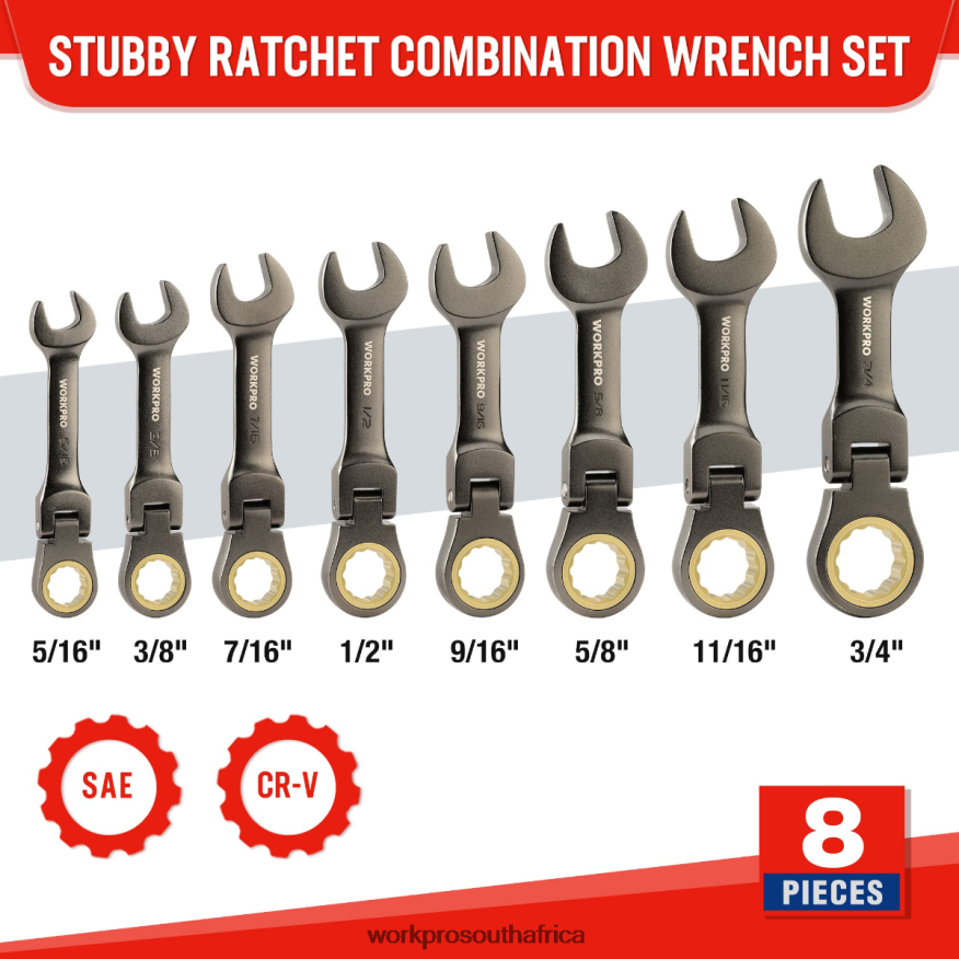 ZA WORKPRO 8 Pcs Flex-Head Stubby Ratcheting Combination Wrench Set New 4B8V2T82 Tool