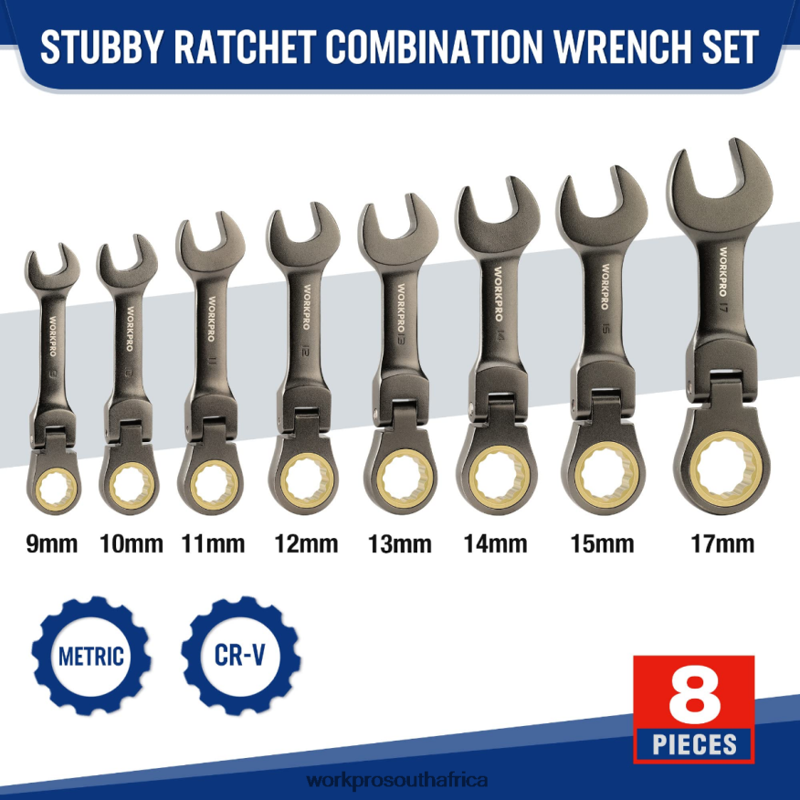 ZA WORKPRO 8 Pcs Flex-Head Stubby Ratcheting Combination Wrench Set New 4B8V2T82 Tool