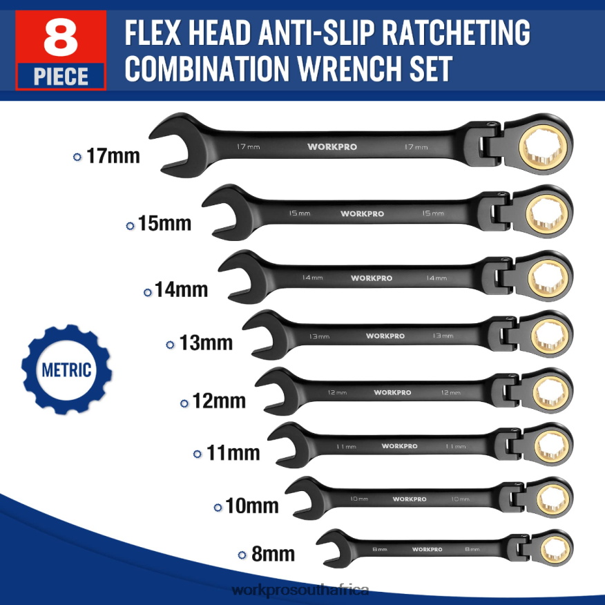 ZA WORKPRO 8 Pcs Ratcheting Combination Flex-Head Anti-Slip Wrench Set Morden 4B8V2T80 Tool