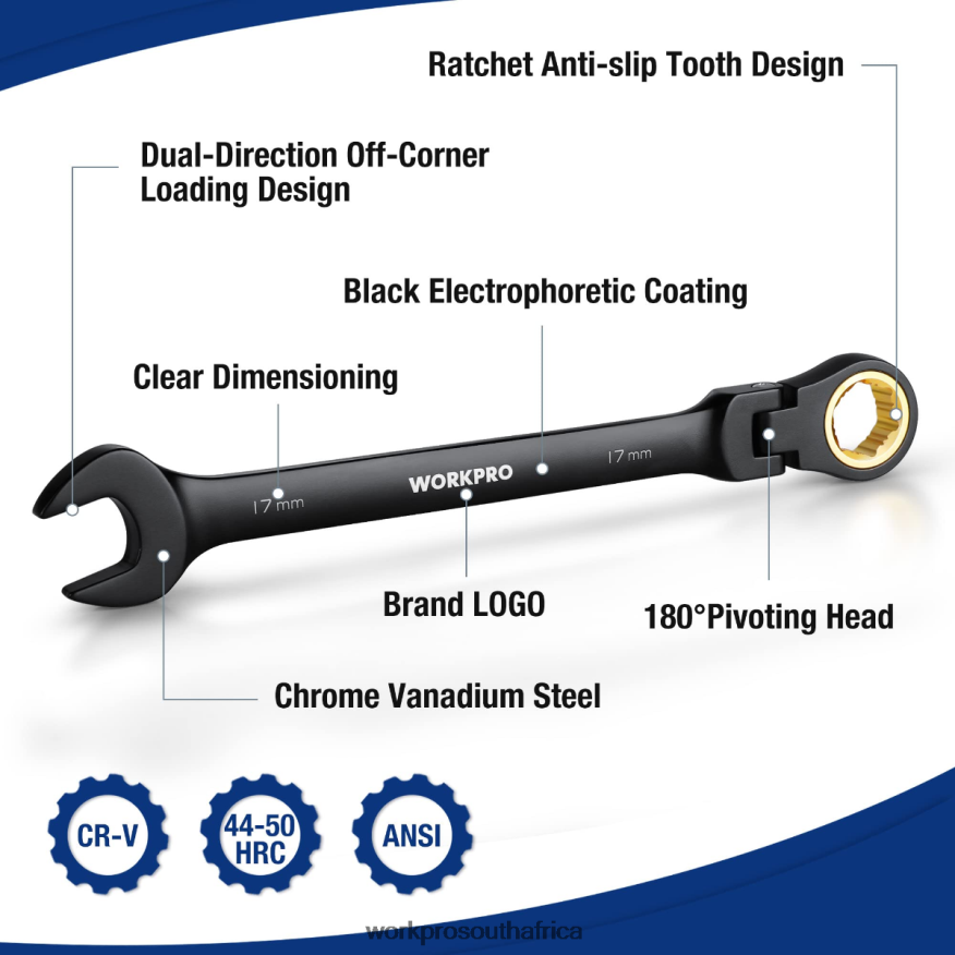 ZA WORKPRO 8 Pcs Ratcheting Combination Flex-Head Anti-Slip Wrench Set Morden 4B8V2T80 Tool