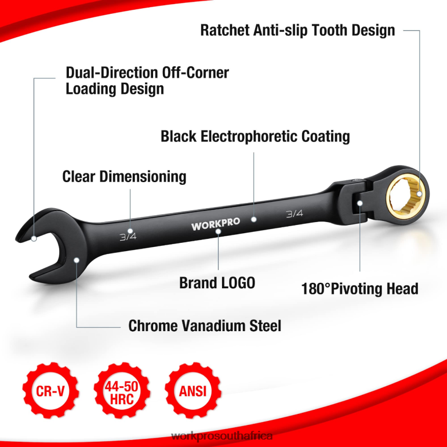 ZA WORKPRO 8 Pcs Ratcheting Combination Flex-Head Anti-Slip Wrench Set Morden 4B8V2T80 Tool