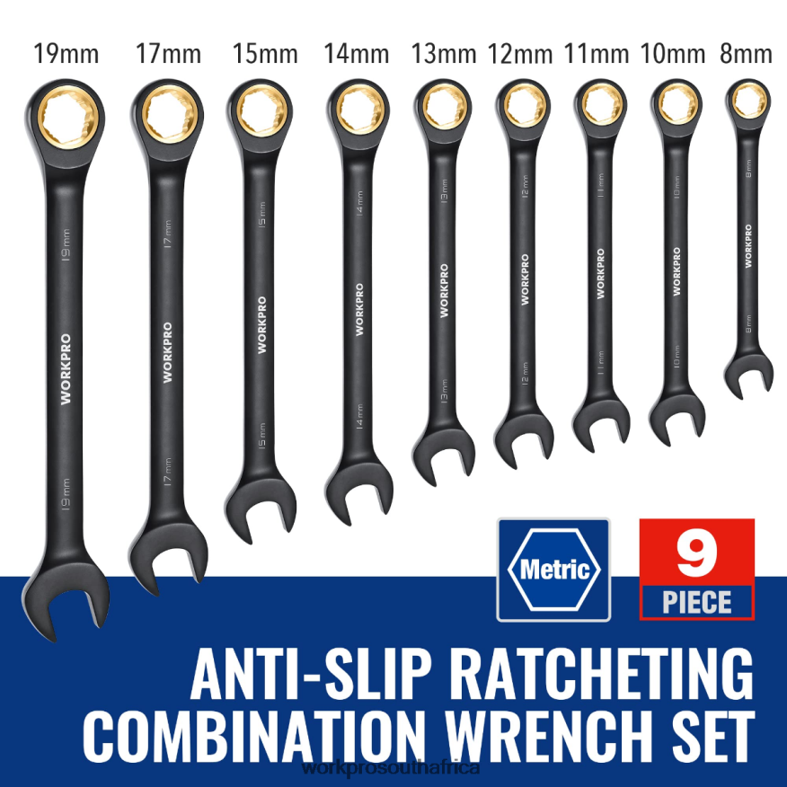 ZA WORKPRO 9 Pcs Anti-Slip Ratcheting Combination Wrench Set Black 4B8V2T88 Tool