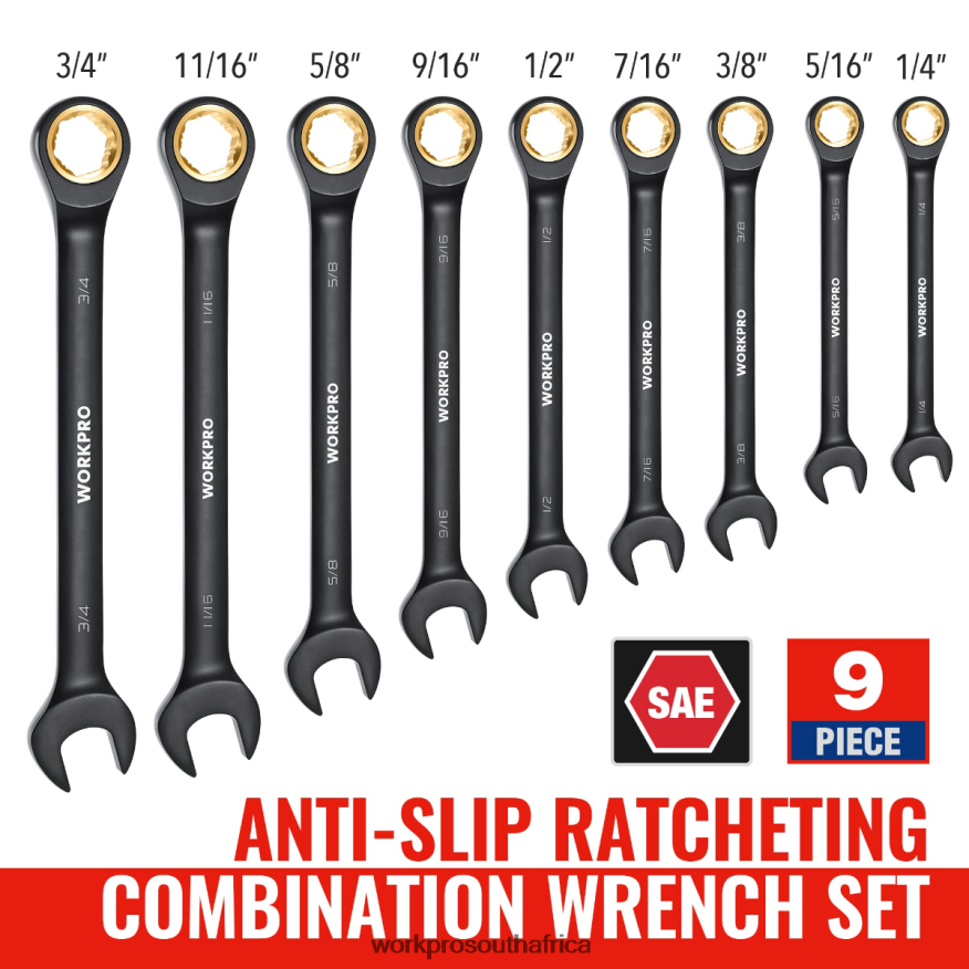 ZA WORKPRO 9 Pcs Anti-Slip Ratcheting Combination Wrench Set Black 4B8V2T88 Tool