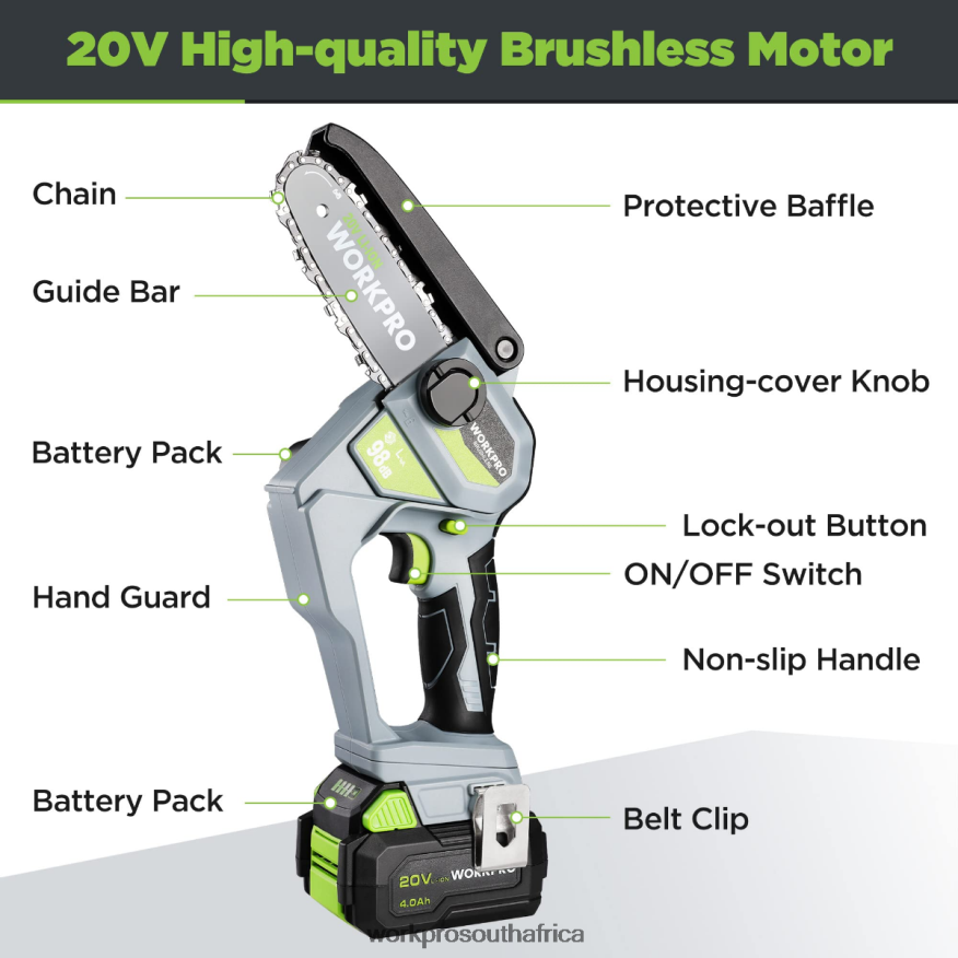 ZA WORKPRO 20V Brushless Cordless Compact Chainsaw with 4.0Ah Battery and Replacement Chain Morden 4B8V2T298 Tool