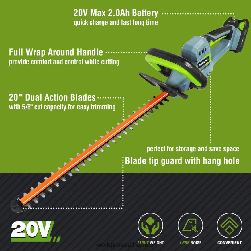 ZA WORKPRO 20V Cordless Hedge Trimmer Dual Action Blades Electric Gardening Tool 2.0Ah Battery and 1 Hour Quick Charger Included Morden 4B8V2T295 Tool