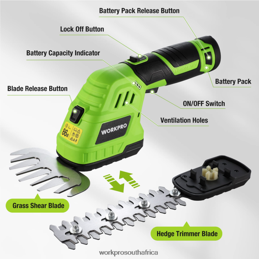 ZA WORKPRO 2 in 1 12V Electric Cordless Grass Hedge Shear & Handheld Shrubbery Trimmer, with 2.0Ah Rechargeable Lithium-Ion Battery and 1 Hour Fast Charger Morden 4B8V2T301 Tool