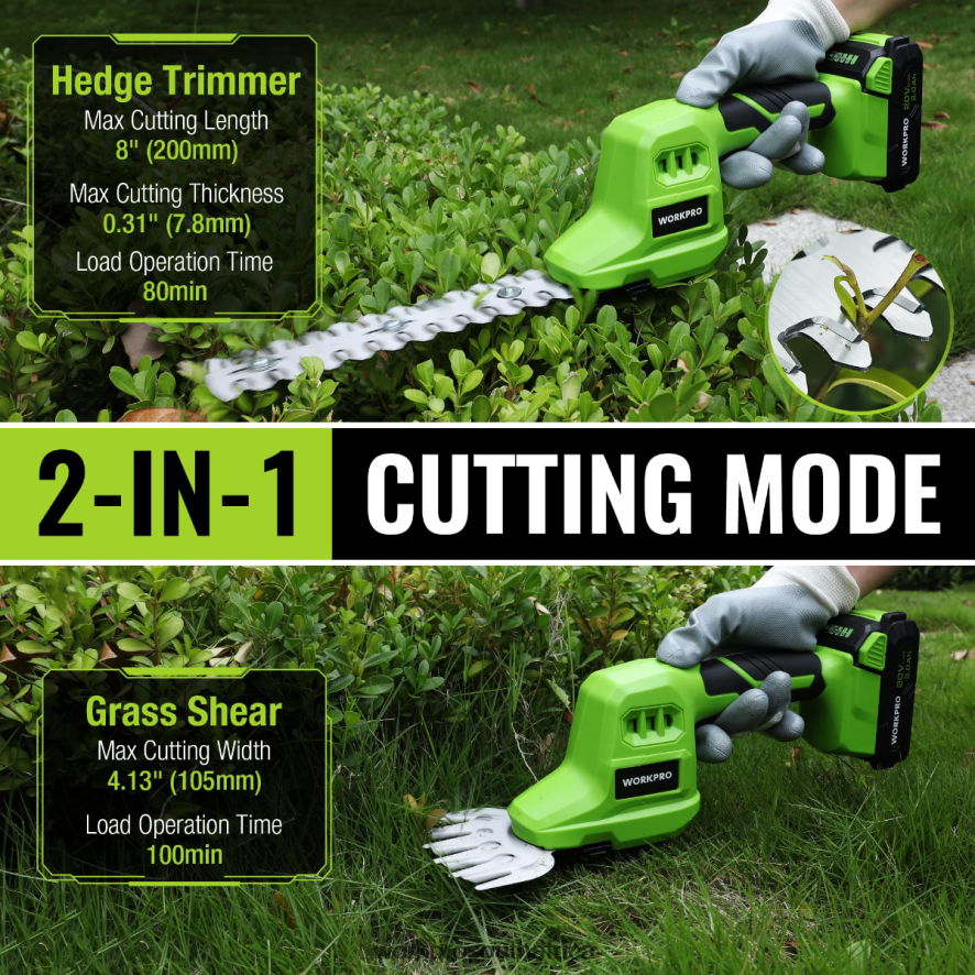 ZA WORKPRO 2 in 1 20V Electric Cordless Grass Hedge Shear & Handheld Shrubbery Trimmer, with 2.0Ah Rechargeable Lithium-Ion Battery and 1 Hour Fast Charger Useful 4B8V2T302 Tool