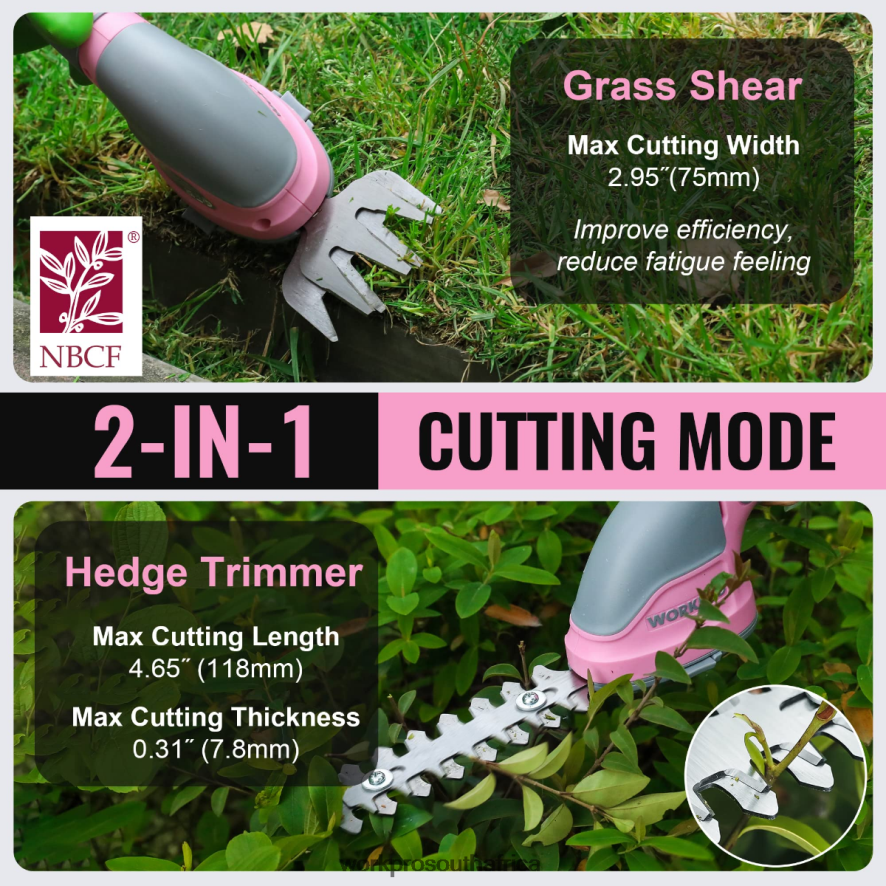 ZA WORKPRO 2 in 1 Handheld 3.6V Electric Cordless Shrubbery Trimmer Hedge Shears/Grass Cutter Pink/Green/White 4B8V2T268 Tool