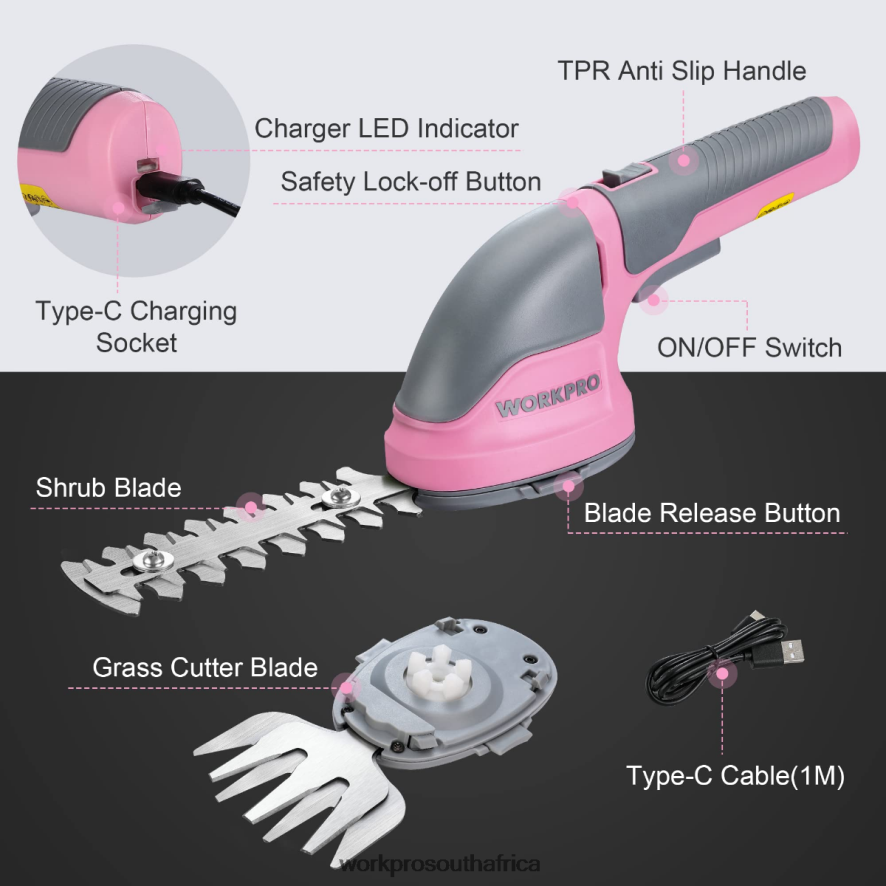 ZA WORKPRO 2 in 1 Handheld 3.6V Electric Cordless Shrubbery Trimmer Hedge Shears/Grass Cutter Pink/Green/White 4B8V2T268 Tool