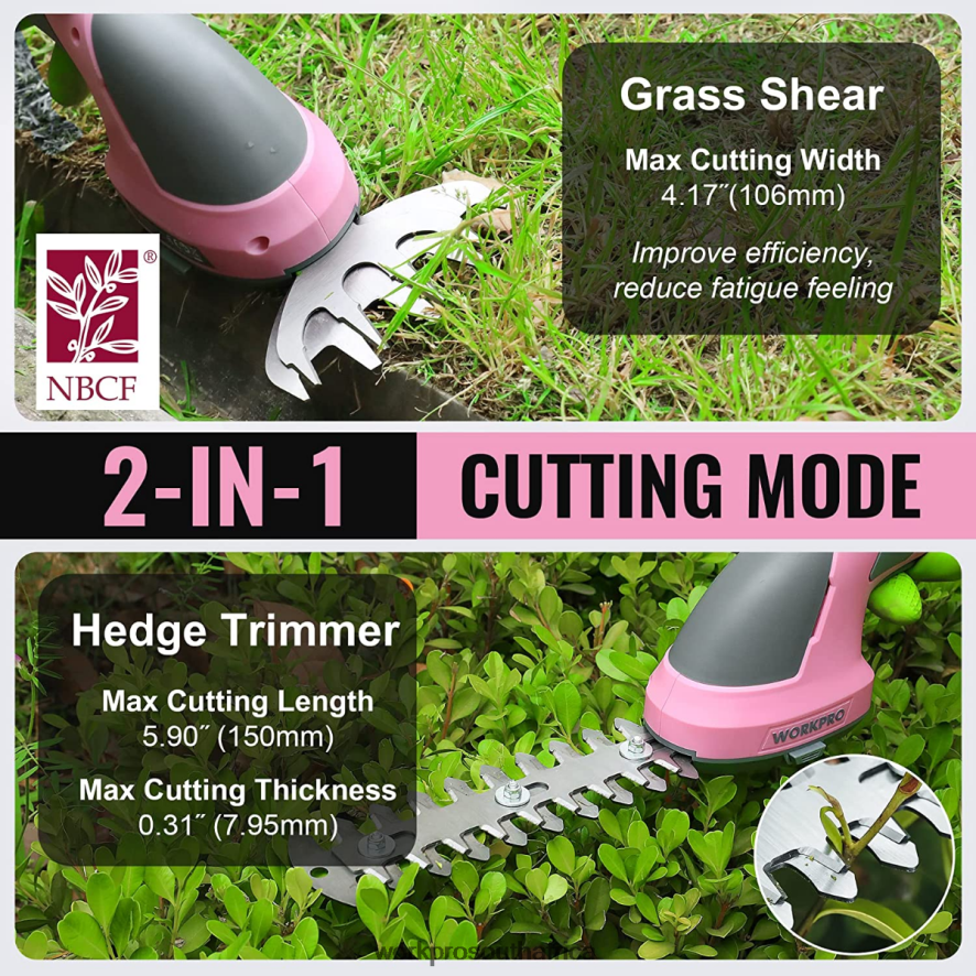 ZA WORKPRO 2 in 1 Handheld 7.2V Electric Cordless Shrubbery Trimmer Hedge Shears/Grass Cutter Pink/Green/White 4B8V2T269 Tool