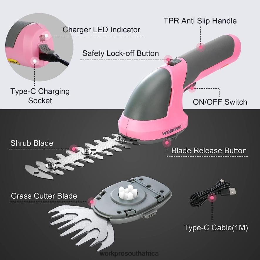 ZA WORKPRO 2 in 1 Handheld 7.2V Electric Cordless Shrubbery Trimmer Hedge Shears/Grass Cutter Pink/Green/White 4B8V2T269 Tool