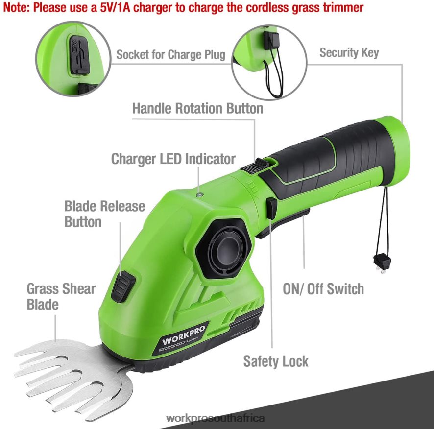 ZA WORKPRO Cordless Grass Shear & Shrubbery Trimmer 2 in 1 Handheld Hedge Trimmer 7.2V Electric Grass Trimmer Hedge Shears Green/White 4B8V2T297 Tool