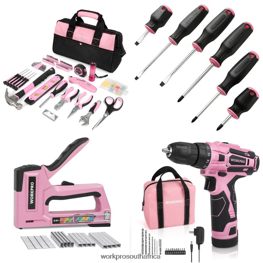 ZA WORKPRO 106 Pcs Tool Kit & 6 Pcs Magnetic Screwdrivers & 12V Cordless Drill Driver Kit & 6-in-1 Staple Gun Pink 4B8V2T312 Tool