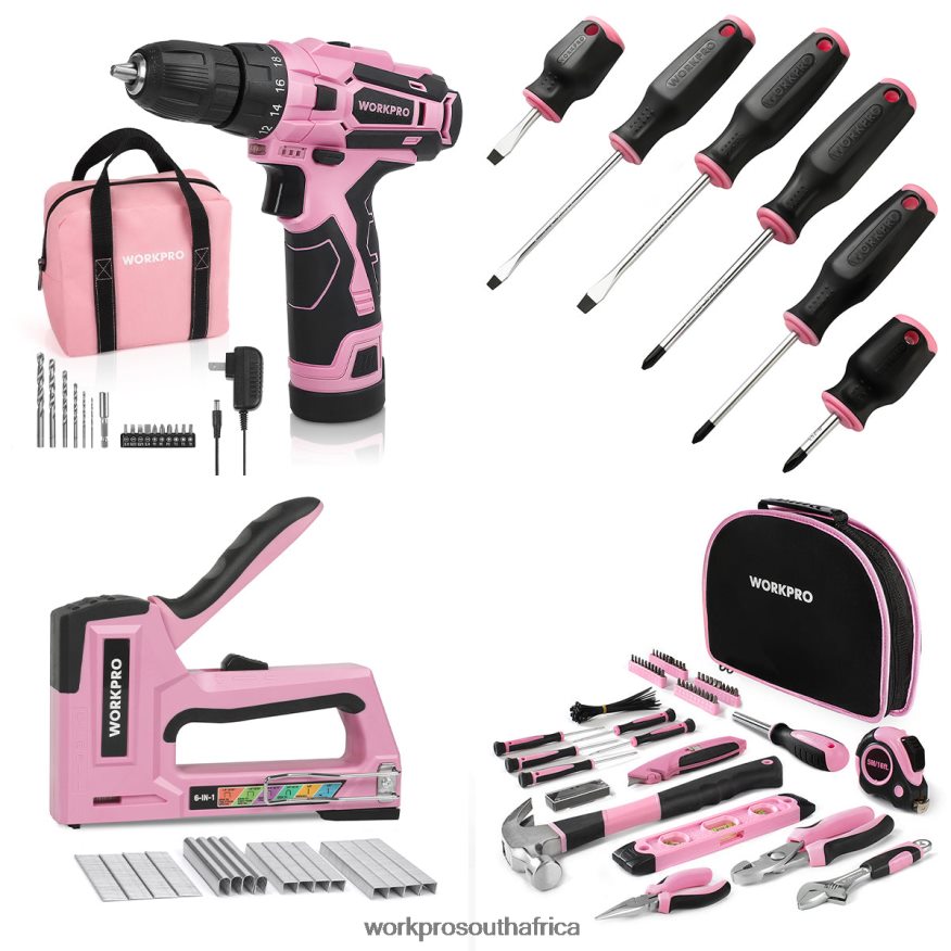 ZA WORKPRO 12V Cordless Drill Driver Kit & 103 Pcs Tool Kit & 8 Pcs Magnetic Screwdrivers Set & 6-in-1 Staple Gun Pink 4B8V2T315 Tool