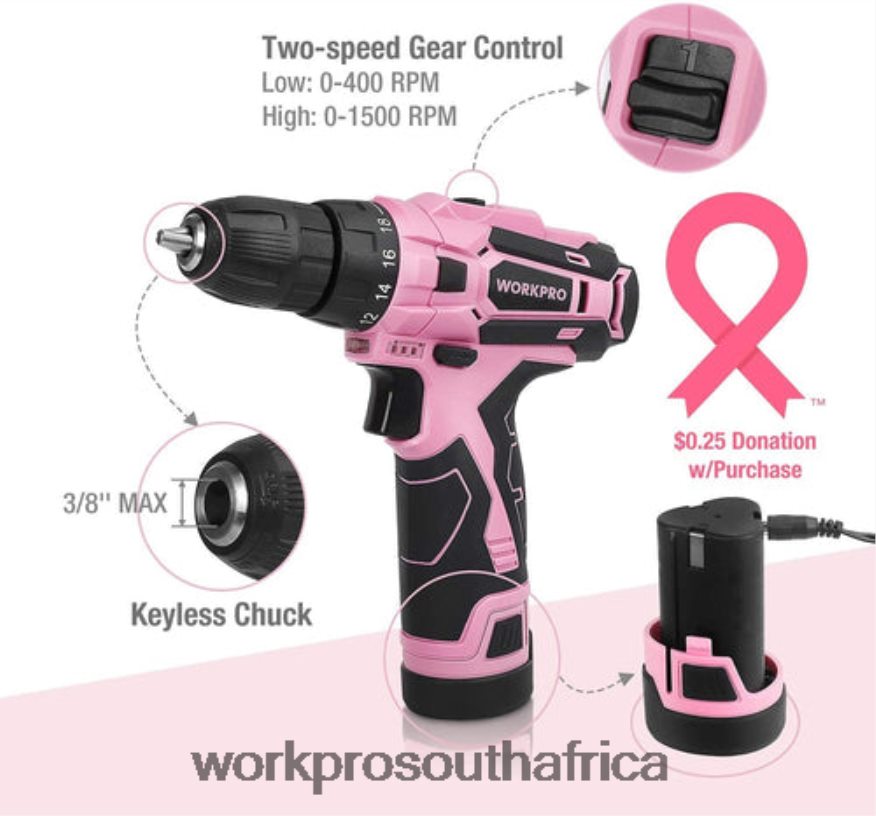 ZA WORKPRO 12V Cordless Drill Driver Kit & 103 Pcs Tool Kit & 8 Pcs Magnetic Screwdrivers Set & 6-in-1 Staple Gun Pink 4B8V2T315 Tool