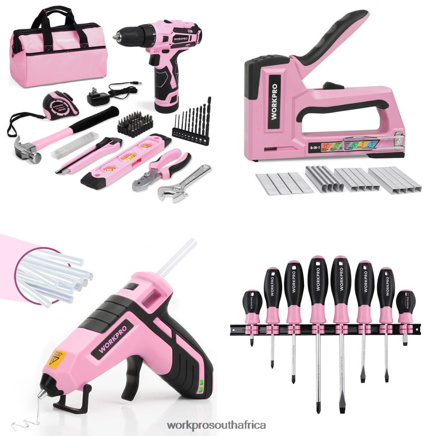ZA WORKPRO 12V Cordless Drill Set & 6-in-1 Staple Gun & 8 Pcs Magnetic Screwdrivers Set & Cordless Hot Melt Glue Gun Pink 4B8V2T313 Tool
