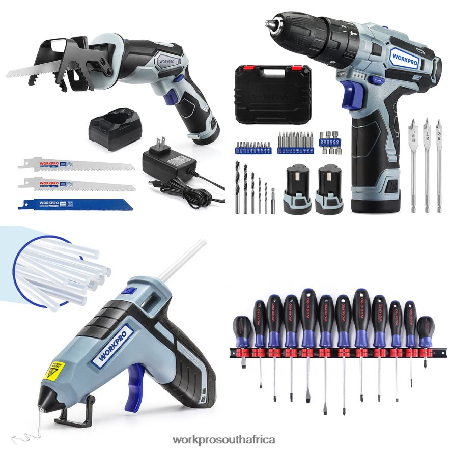 ZA WORKPRO 12V Cordless Reciprocating Saw & 12V Cordless Drill Driver Kit & 12 Pcs Magnetic Screwdrivers Set & Cordless Hot Glue Gun Useful 4B8V2T321 Tool