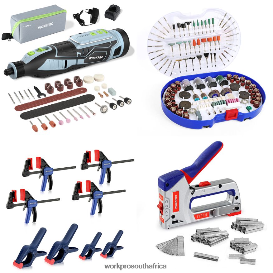ZA WORKPRO 12V Cordless Rotary Tool Kit & 276-piece Rotary Tool Accessories Kit & 8-Piece Clamp Set & 4-in-1 Staple Gun Kit Morden 4B8V2T317 Tool
