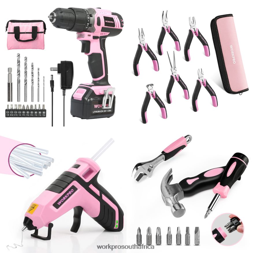 ZA WORKPRO 20V Cordless Drill Driver Set & 6-Piece Mini Pliers & 10-piece Tool Kit & Cordless Glue Gun Pink 4B8V2T316 Tool