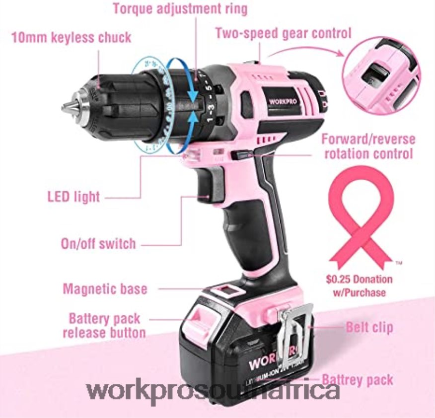 ZA WORKPRO 20V Cordless Drill Driver Set & 6-Piece Mini Pliers & 10-piece Tool Kit & Cordless Glue Gun Pink 4B8V2T316 Tool