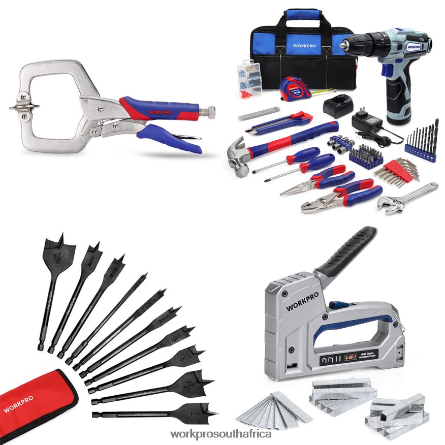 ZA WORKPRO Face Clamp & 12V Cordless Drill and Home Tool Kit & 10 Pcs Pro Spade Drill Bit Set & 4-in-1 Staple Gun Heavy-Duty Useful 4B8V2T318 Tool