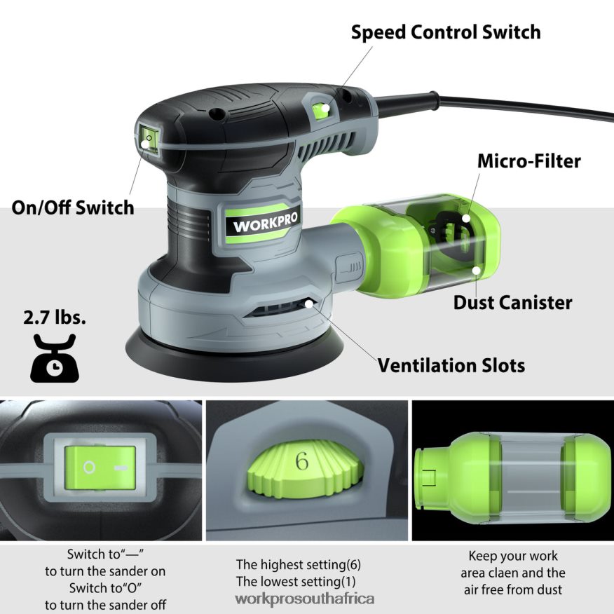 ZA WORKPRO 2.5 Amp Electric 5-Inch Random Orbit Sander, 6 Variable Speeds 7000 to 14000 RPM Useful 4B8V2T233 Tool
