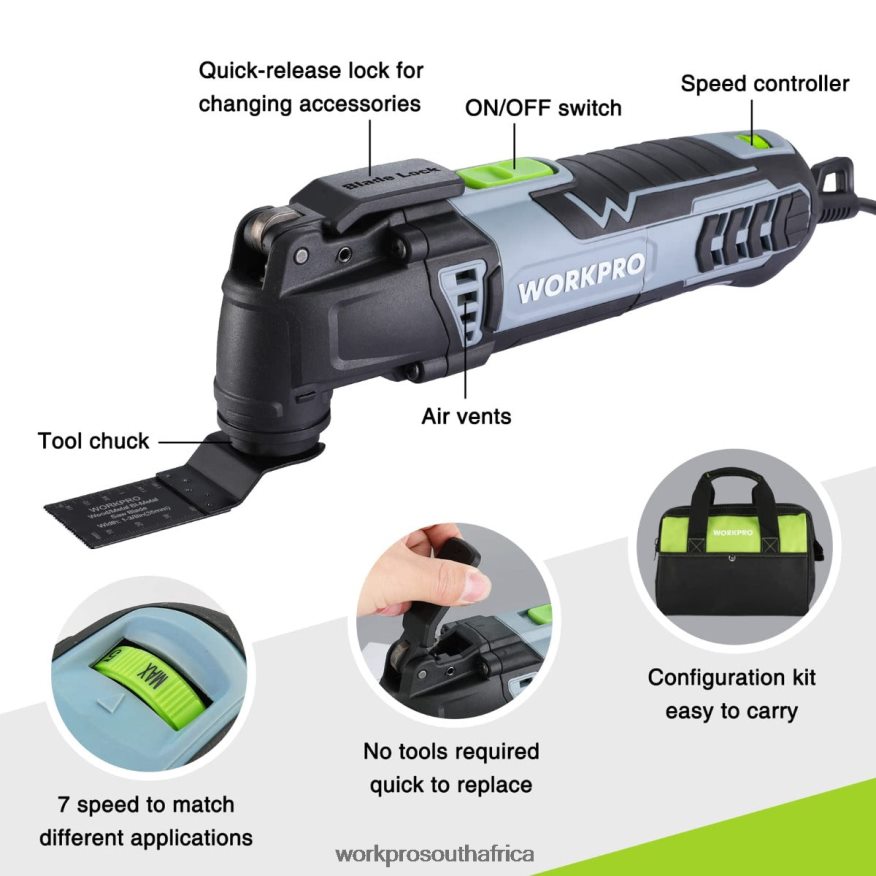 ZA WORKPRO 3.0 Amp Corded Quick-Lock Replaceable Oscillating Saw with 7 Variable Speed 3 Oscillation Angle, 17pcs Saw Accessories, and Carrying Bag Useful 4B8V2T230 Tool