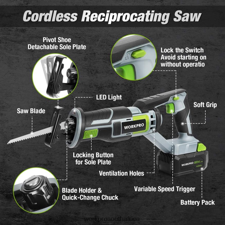 ZA WORKPRO Cordless Reciprocating Saw, 4 Saw Blades for Wood & Metal Cutting Included New 4B8V2T184 Tool