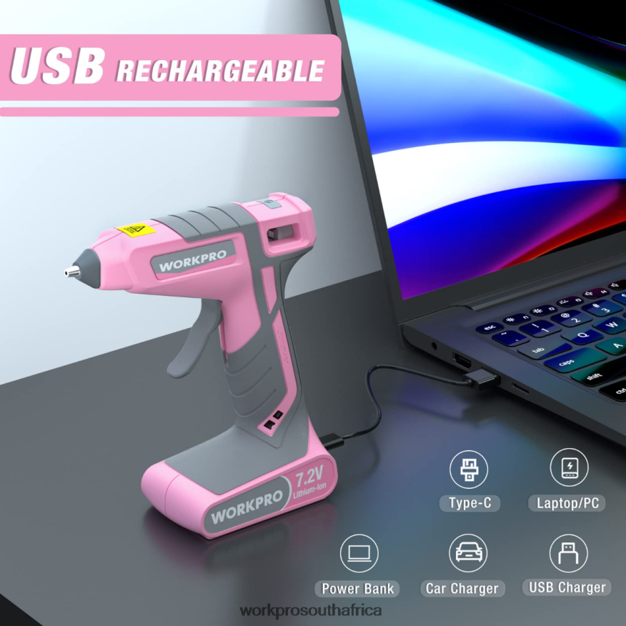 ZA WORKPRO 7.2V Cordless Hot Melt Glue Gun Kit Pink/White 4B8V2T164 Tool