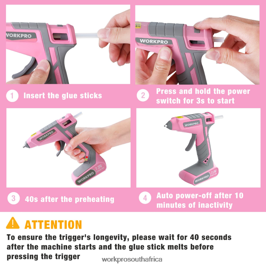 ZA WORKPRO 7.2V Cordless Hot Melt Glue Gun Kit Pink/White 4B8V2T164 Tool