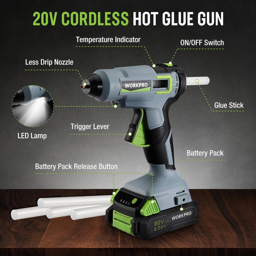 ZA WORKPRO Cordless Hot Glue Gun Kit with 12 Pcs Glue Sticks, 20V 2.0 Ah Li-ion Battery Useful 4B8V2T165 Tool