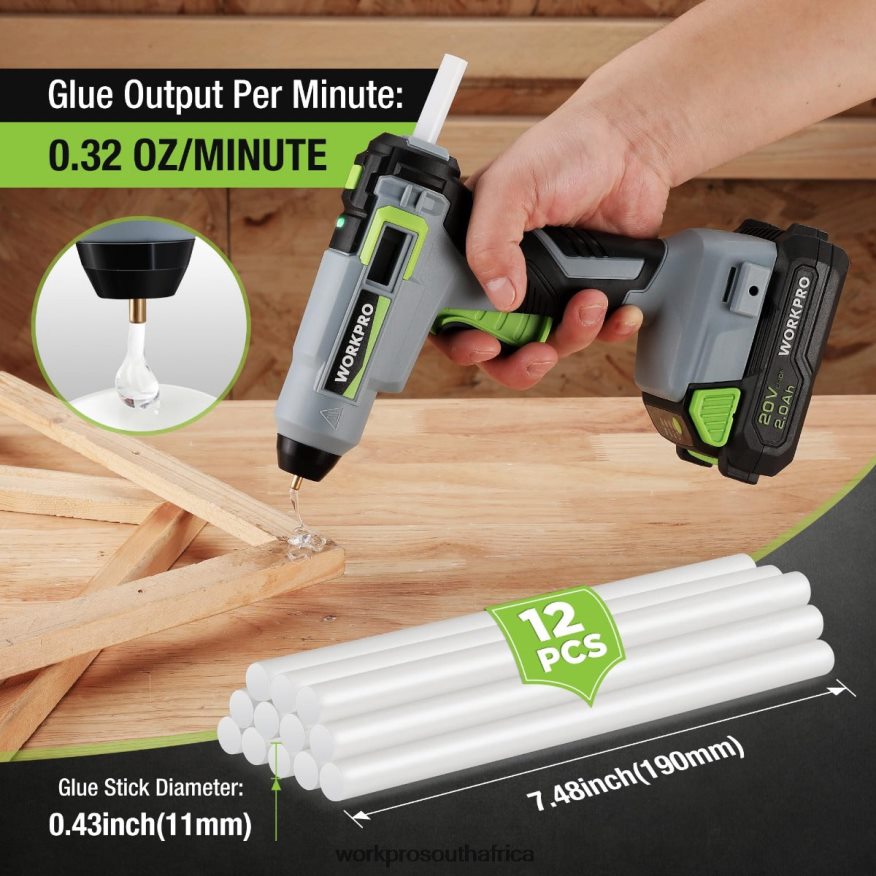 ZA WORKPRO Cordless Hot Glue Gun Kit with 12 Pcs Glue Sticks, 20V 2.0 Ah Li-ion Battery Useful 4B8V2T165 Tool
