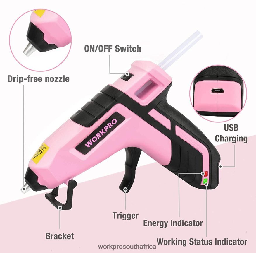 ZA WORKPRO Cordless Melt Fast Preheating Mini Glue Gun with 20 PCS Premium Glue Stick Blue/Pink 4B8V2T163 Tool