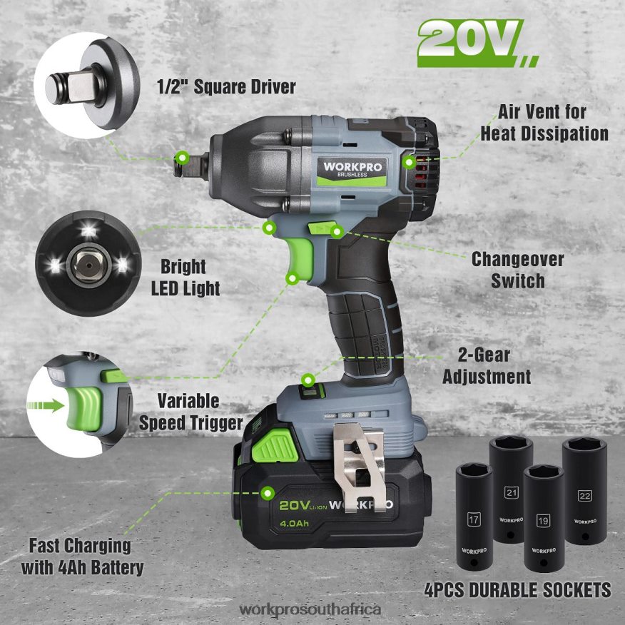 ZA WORKPRO 20V Cordless Impact Wrench, with 4.0 Ah Battery, Fast Charger, 4 Impact Sockets and Storage Case Morden 4B8V2T188 Tool